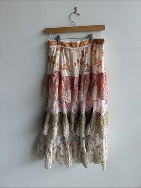 Boho Tiered Floral Maxi Skirt - Cream & Pink